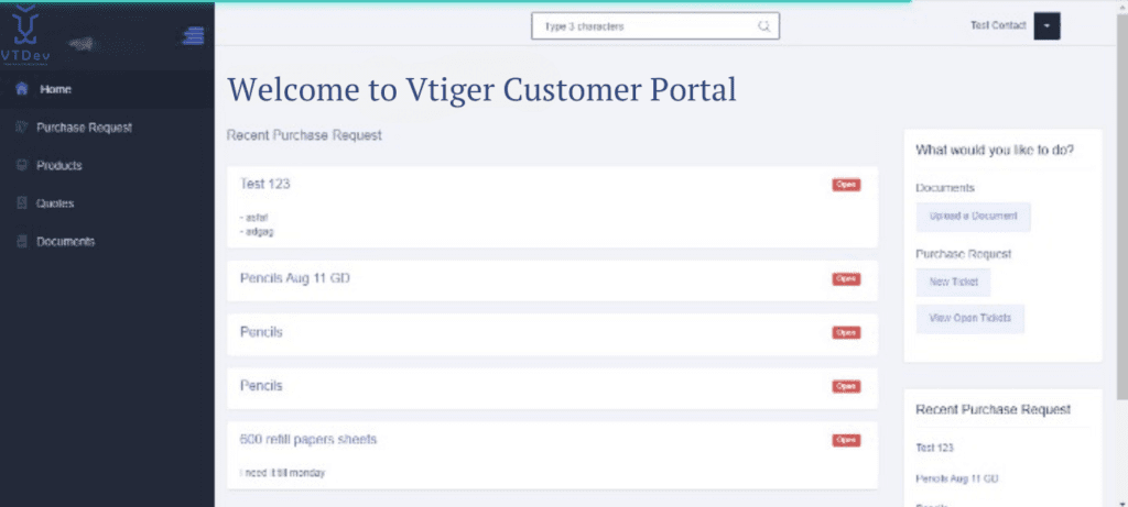 vtiger's customer portal view